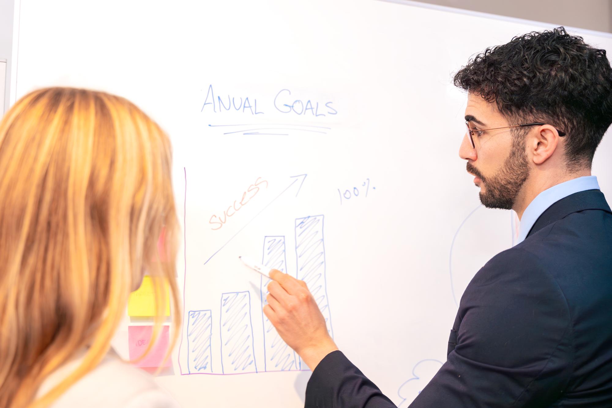 Trainer erklärt Steuermodelle an Whiteboard
